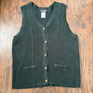 Vintage Green Ribbed Sag Harbor V-neck Button Front Sleeveless Sweater Vest
